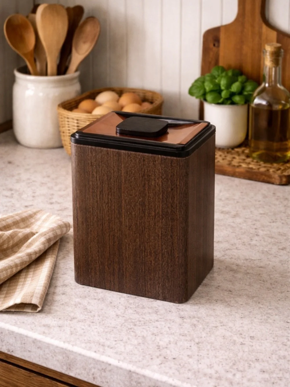 Vintage Copper & Wood-Look Metal Canister